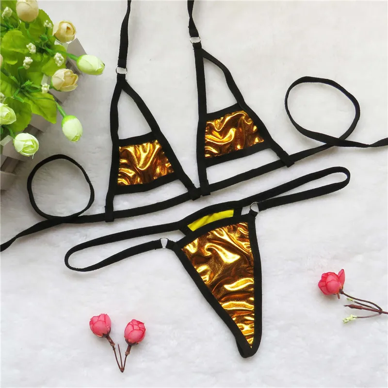 micro bikini Sexy swimwear women swimsuit women biquini mini bikinis Patent leather Solid color Triangle Hollow out Bright light