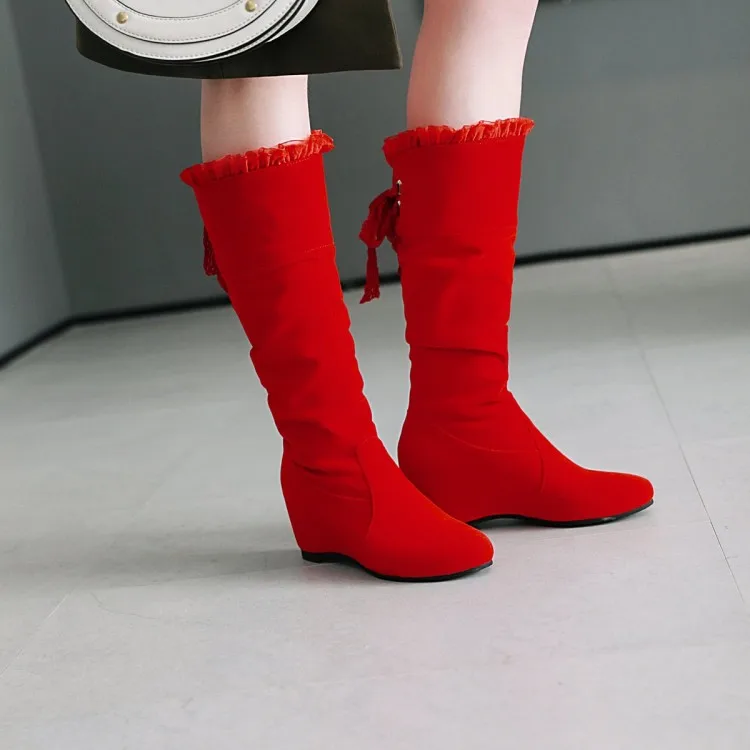 

Big Size 11 12 13 Ladies round head flat heel fashionable casual warm ribbon tube high back lacing ankle boots
