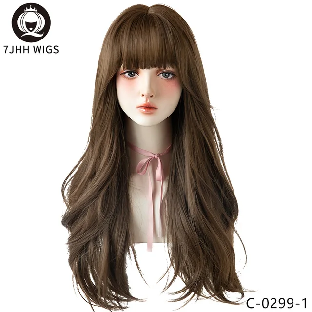 7JHH Black Brown Long Wavy Wig With Fluffy Bangs For Women To Wear Daily Heat-Resistant Synthetic Wig C-0299-1