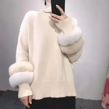 

Women Winter Turtleneck Knitted Sweaters Casual Lrregular Hem Loose Pullovers Long Sleeve Faux Mink Fur Sweaters Jumpers