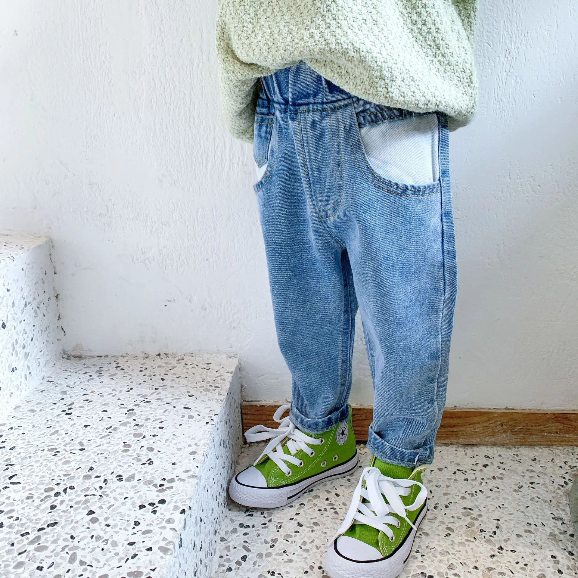 

XINI MOMMY 2020 Spring Autumn Colorblock Pocket Straight Jeans boy pants girls pants toddler pants girl pants boys pants Y124