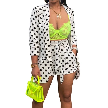 

Dot Print Long Sleeve Shorts Women Matching Sets Casual Open Stitch Coat With Bandage Shorts White Black Club Sexy 2 Piece Suits