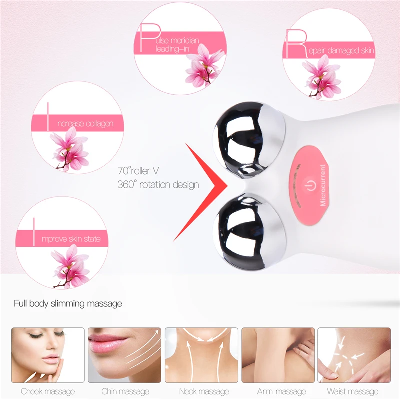 EMS Microcurrent Facial Massager 3D Roller Face Lift Tighten Slimming Anti Aging Wrinkles Puffiness Removal Beauty Machine 48
