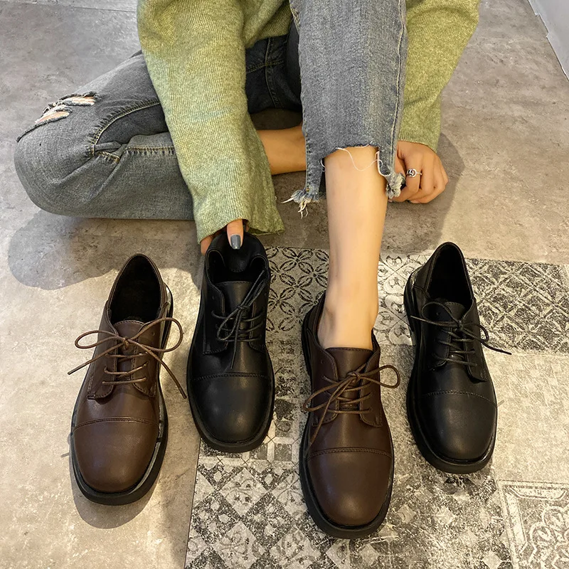 

New British Style Oxford Shoes Woman Lace Up Leather Flats Casual Shoes Female Creepers Women Flats Zapatos Mujer Ladies Shoes