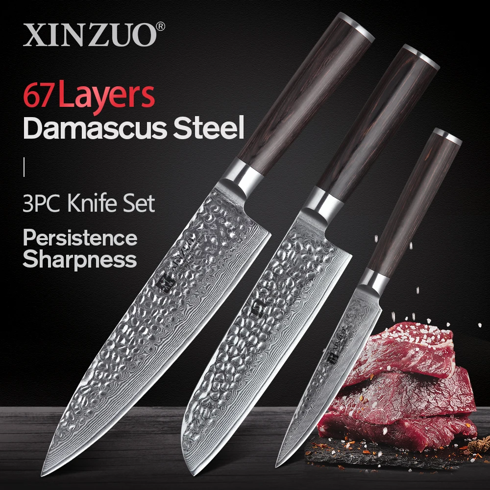 

Kitchen Knife Set 3PCS Knife Set Stainless Steel Sets Kitchen Chef Santoku Paring 67 Layers VG10 Damascus Steel Cooking Tools