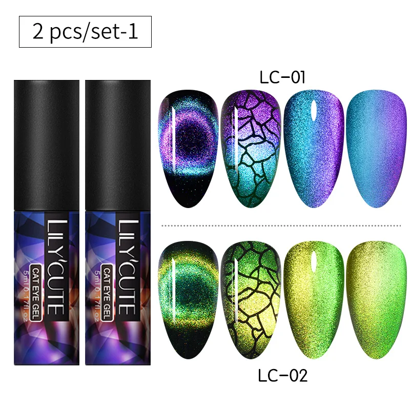 2PCS set 1 LILYCUTE 9D кошачий глаз УФ-гель замачиваемый лак для ногтей для УФ-и светодиодной лампы Магнит Лазерный Сияющий Красочный лак для ногтей лак все для маникюра - Цвет: 2PCS set 1