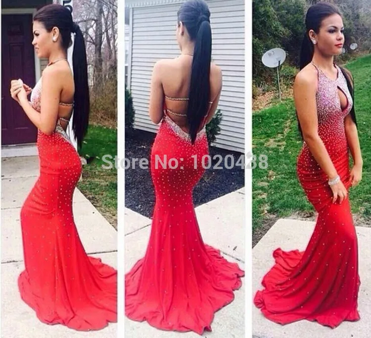 

Sexy Red Mermaid Prom Dresses 2015 Long Slim Backless Party Dress Customized Fashionable Trumpet Open Back Formal evening Dress