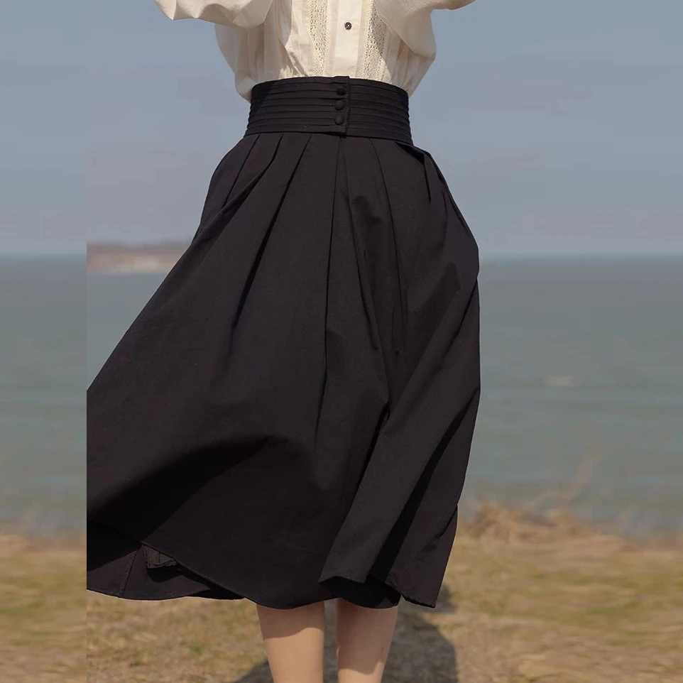 French white high waist A-line  skirt Solid Ankle-Length Natural WOMEN Casual COTTON silk long skirt  clothes
