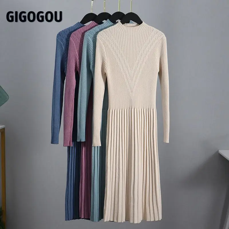 Женское трикотажное платье-свитер GIGOGOU длинное плотное теплое плиссированное