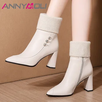 

ANNYMOLI Winter Ankle Boots Women Natural Genuine Leather Block Heels Short Boots Zipper Extreme High Heel Shoes Lady Size 34-39