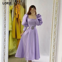 LORIE Square Neck Satin Evening Dresses Simple Design Puffy Sleeve A-Line Vestidos De Festa Sash Tea-Length Formal Prom Dress