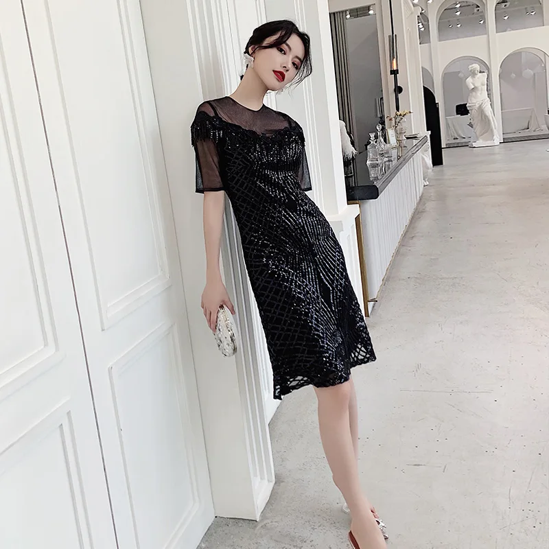

Elegant Black Sequins Lady Prom Gown With Lace Patchwork Sexy Mini Evening Party Chinese Dress Persepective Cheongsam Vestidos