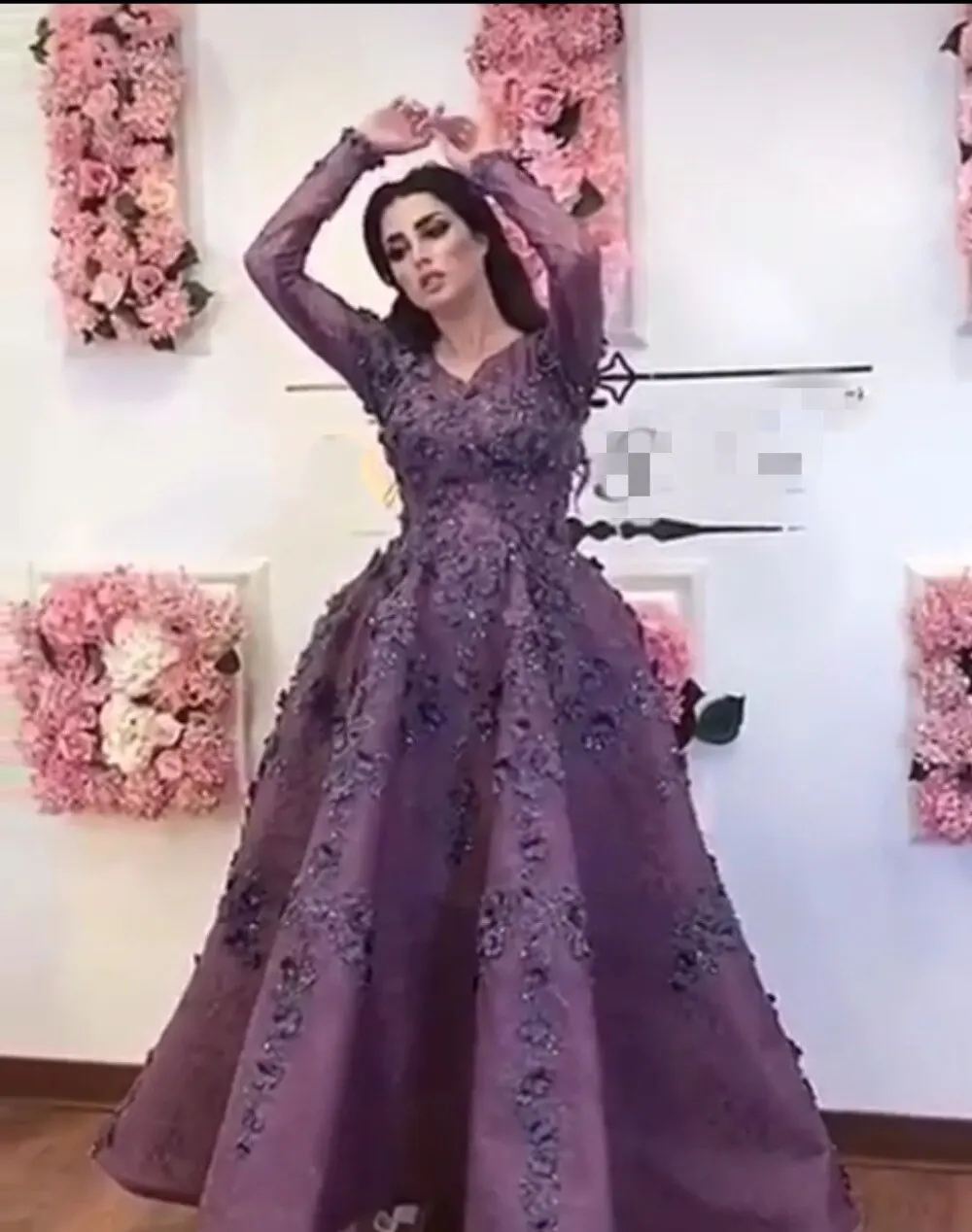 

Saudi Arabic Purple 3D Flower Evening Dresses With Full Sleeves Lace Floral Prom Gowns Ankle Length Party Dress Vestidos