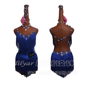 

Shiny Rhinestones Latin Dance Dress Women Salsa Costumes High-end Dance Custom Fluorescent Blue Tassel Slant Latin Dresses