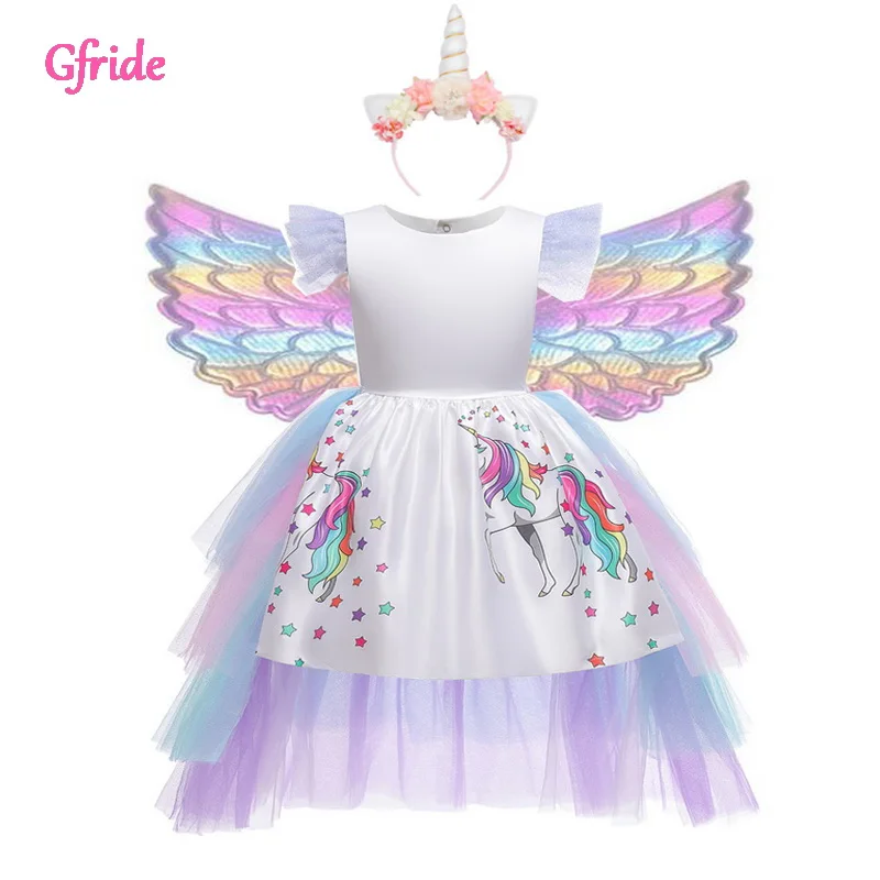 

Long Tail Unicorn Dress for Girls Halloween Party Dress Elegant Kids Princess Carnival Costume Hairband Wings Rainbow Gown 2-10T
