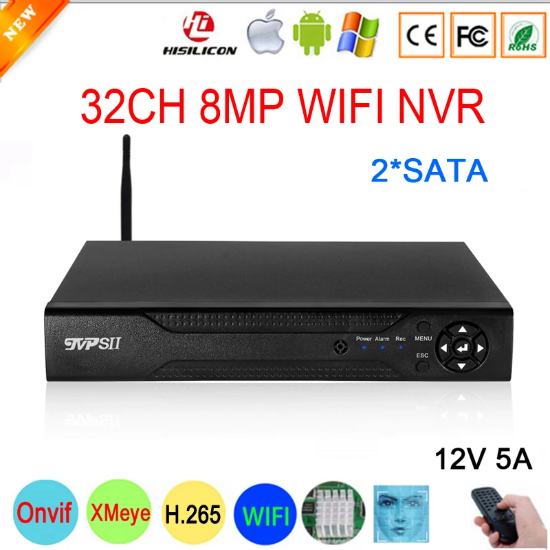 

12V 5A Hi3536C XMeye Face Detection 2*SATA Max 28TB 8MP 4K 32CH 32 Channel H.265+ Audio Onvif IP Camera WIFI CCTV DVR NVR