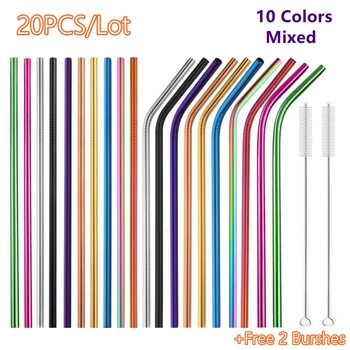 

20Pcs 10 Colors Mixed Reusable Metal Straw Straight Bent 304 Stainless Steel Drinking Straws Set with 2 Brushes Bar Accessory