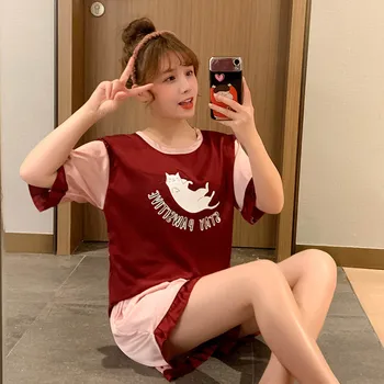 

Summer cool cartoon cute naughty cat print ladies pajamas comfortable ice silk pajamas short sleeve O-neck two-piece thin home