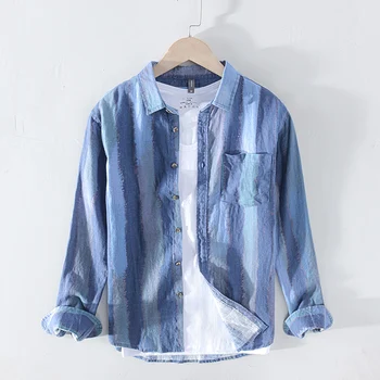 

Men's Long Sleeve Striped Shirts 100% Pure Linen Summer Casual Shirts Man Turn Down Collar Shirt Male Tops Blouse Y2435