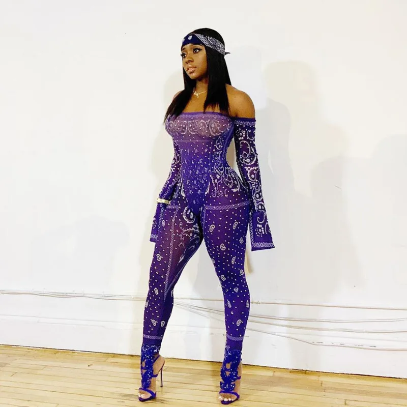 

Summer Sexy Off Shoulder Women Slash Neck Long Flare Sleeve Bodycon Jumpsuits Printed Mesh Sheer Jumpsuit Clubwear Overalls 2019