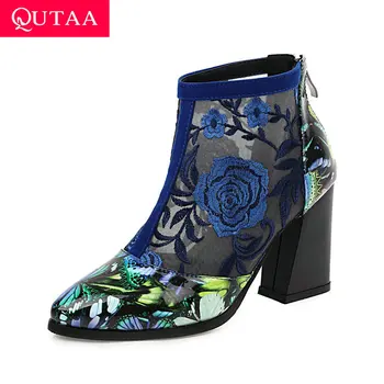 

QUTAA 2020 Embroidery Flowers Pointed Toe Cool Boots Square High Heel Zipper Women Shoes PU Mesh Fashion Ladies Pumps Size 34-43