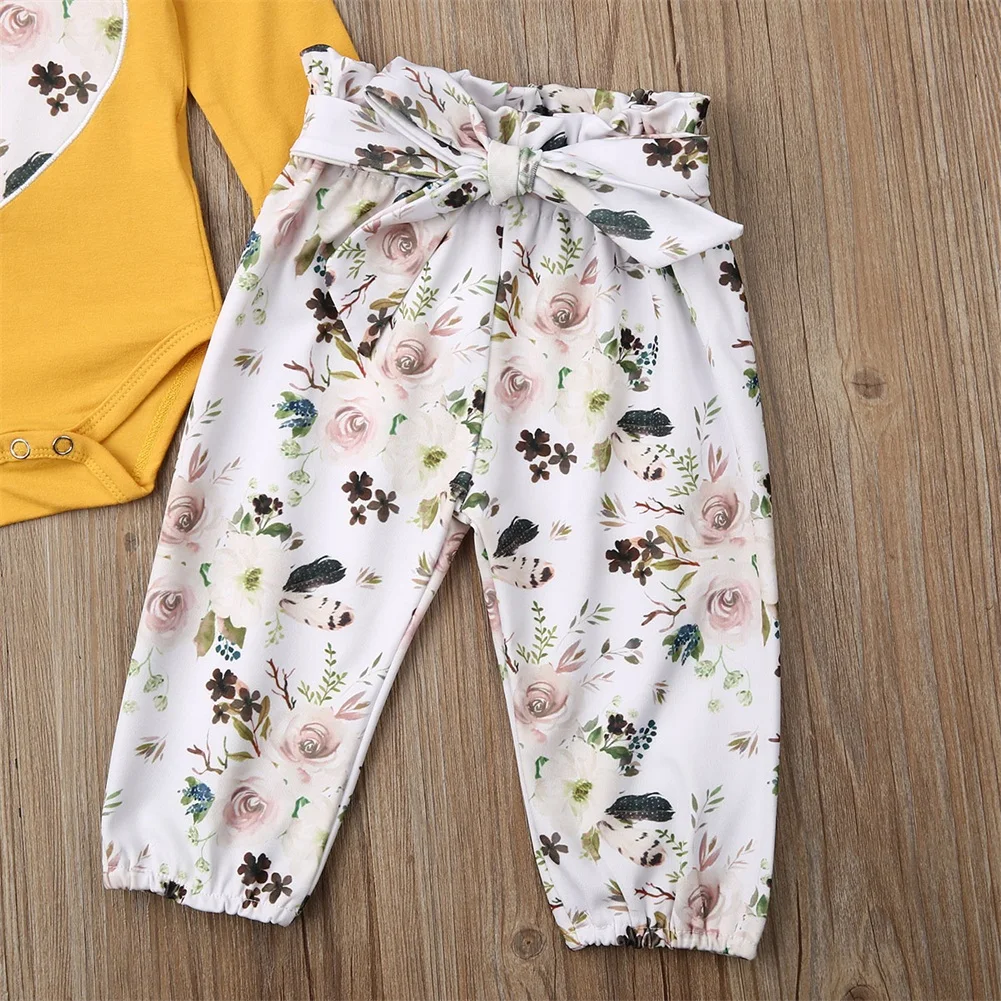 Emmababy Одежда для новорожденных девочек, боди с длинными рукавами, штаны с цветочным принтом, леггинсы, штаны, повязка на голову, наряд на осень