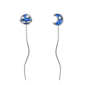 

925 Sterling Silver Asymmetry Star Moon Planet Long Drop Earrings for Women Fashion Party Accessories Jewelry eh472