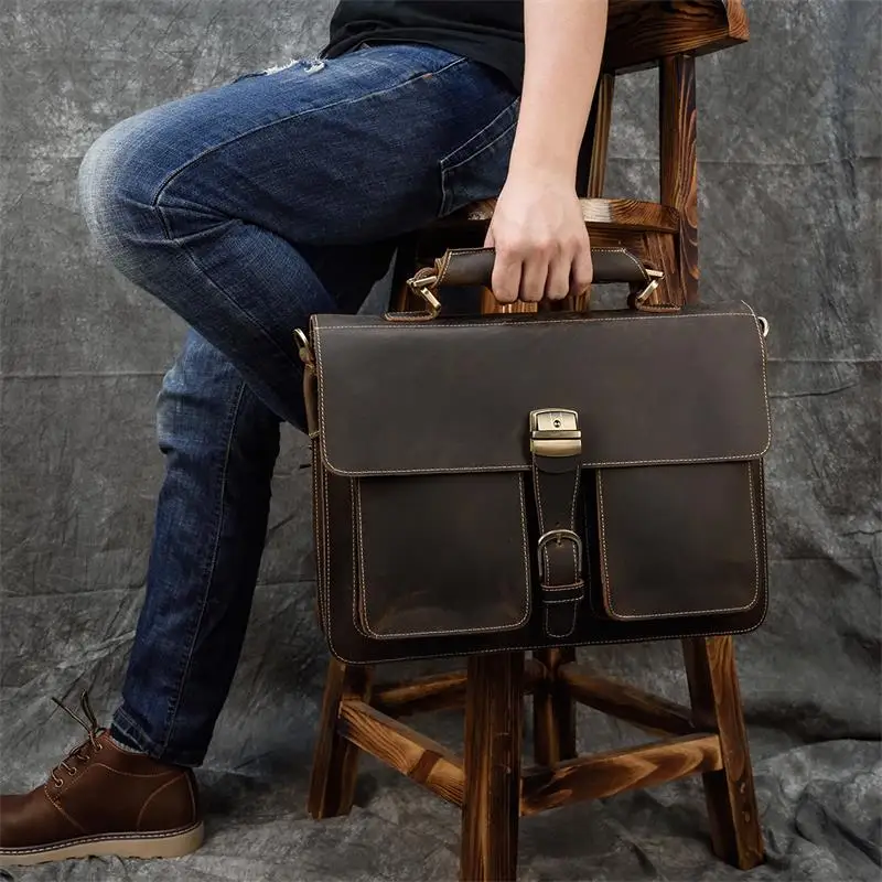 Leather Briefcase Document Bag 100% Genuine Leather Men Briefcase Cow Leather Laptop Bag Vintage Shoulder Bag Real Cowhide Computer 15.6"