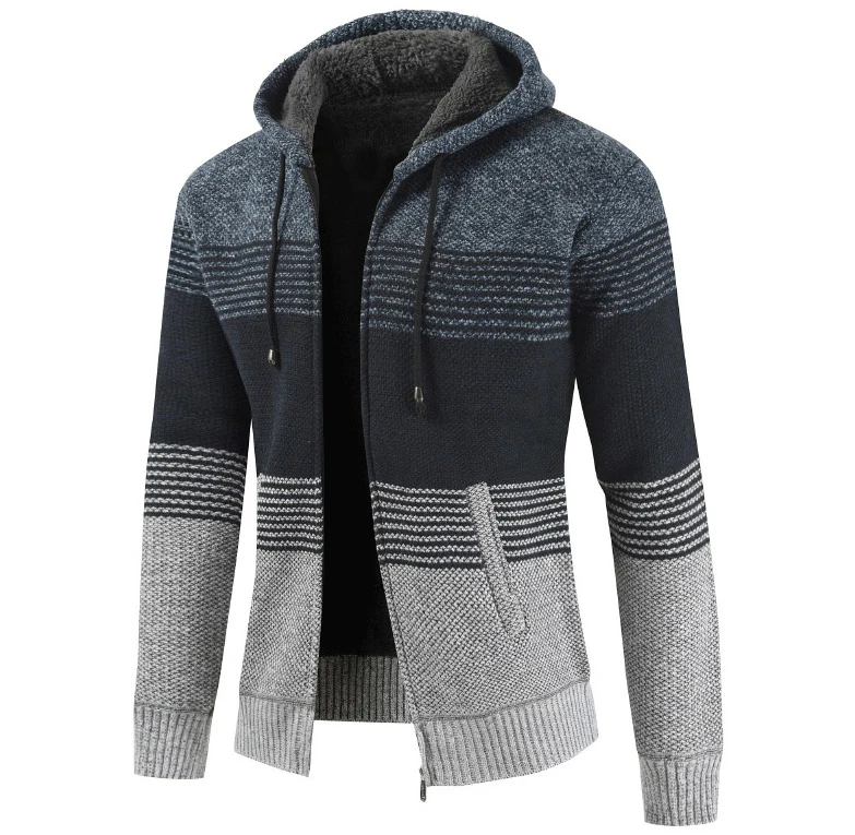 com capuz cardigan jumpers masculino listrado forro de lã com zíper casacos de lã