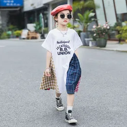 Robes d'été à carreaux pour filles, T shirt à manches courtes, ample, blanc, en coton, vêtements pour enfants de 12 à 14 ans 