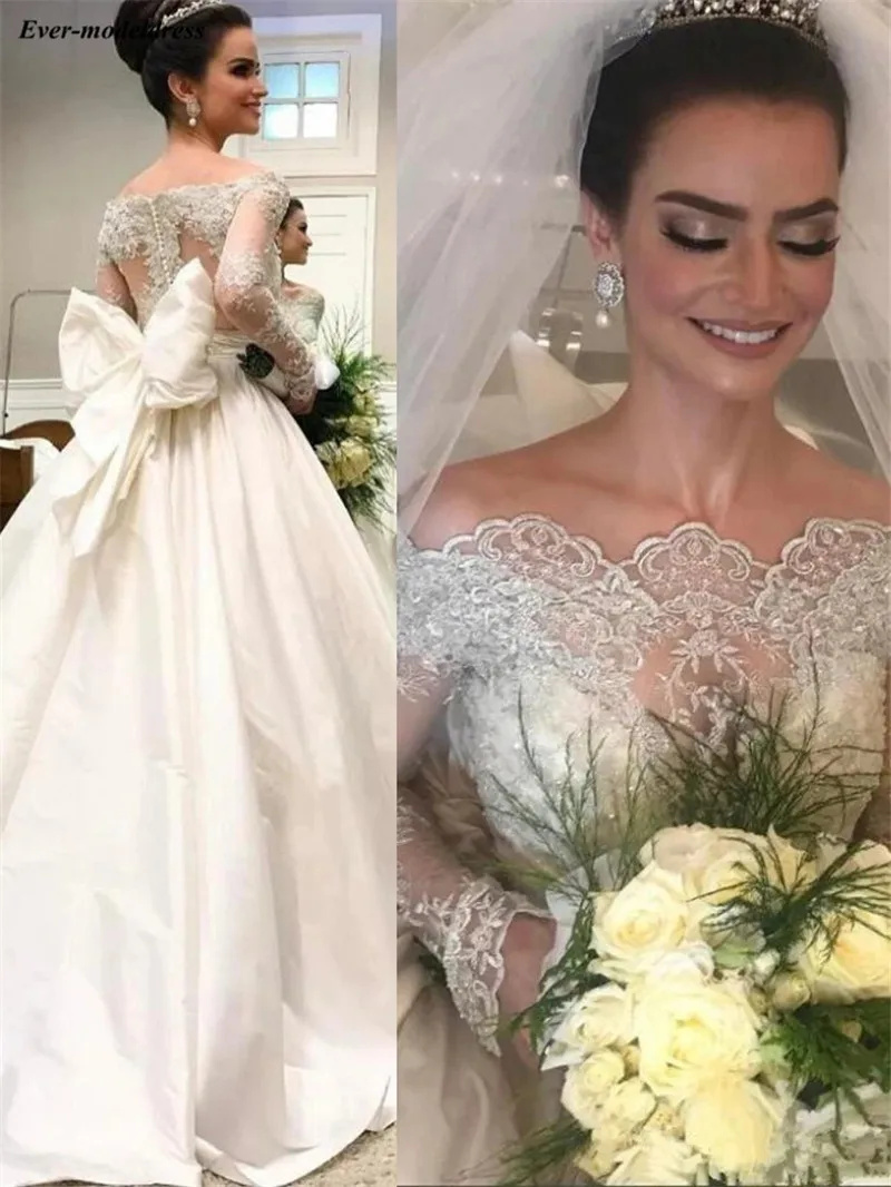 

Vestido de Noiva Lace Wedding Dresses Long Sleeves Off Shoulder Satin Bow A-Line Bridal Gowns Bride Dress Robe De Mariee