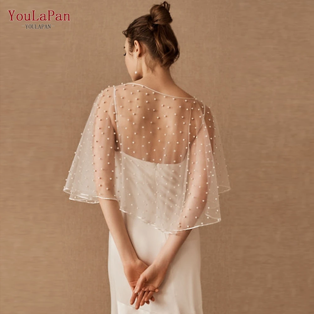 YouLaPan G27 Pearls Bridal Cape Cloak Cover over the Shoulder Wedding Shawl Short Front Long Back Elegant DIY Wedding Shawl
