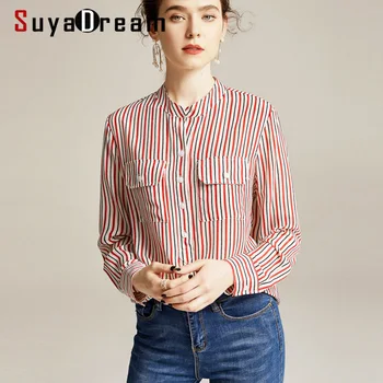 

SuyaDream Women Striped Blouses 100% Silk Crepe Long Sleeved Two Pockets Stand Collar Office Blouse Shirt 2020 Spring Shirt