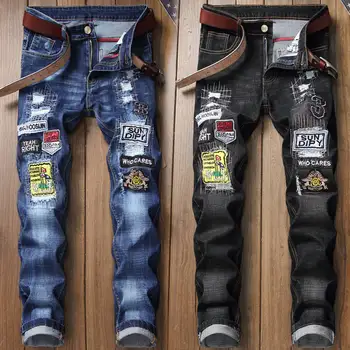 

Fashion ripped jeans men's black blue color loose straight pants embroidered badge knee shatter trendy pants men jeans-ker001