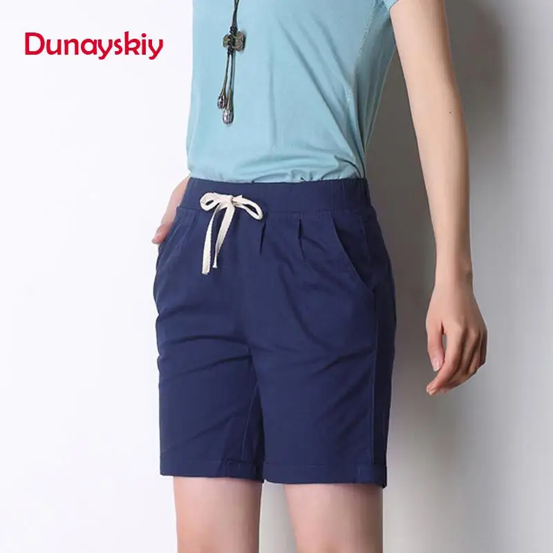 Dark Blue Dunayskiy женские летние однотонные 8 цветов свободные хлопковые льняные шорты с высокой эластичной талией повседневные шорты с карманами на шнуровке больших размеров S-4XL - Цвет: Dark Blue