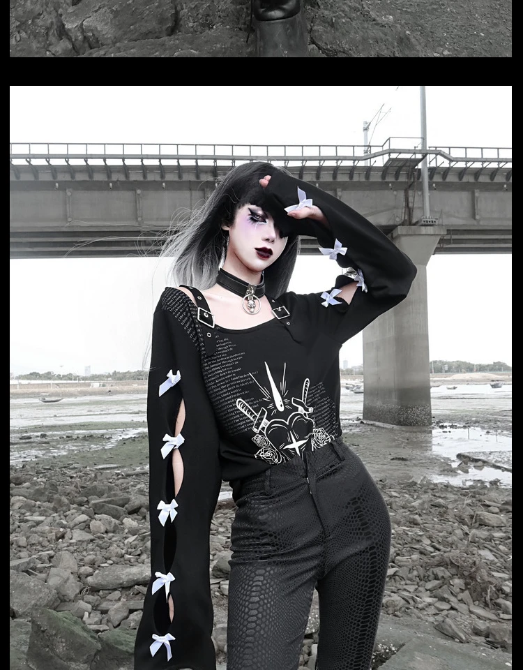 Original Design Women Gothic Black Heart Print Pullover Hollow Out Bow Tie Long Sleeve Shirt Punk Grunge Oversized Sweatshirt