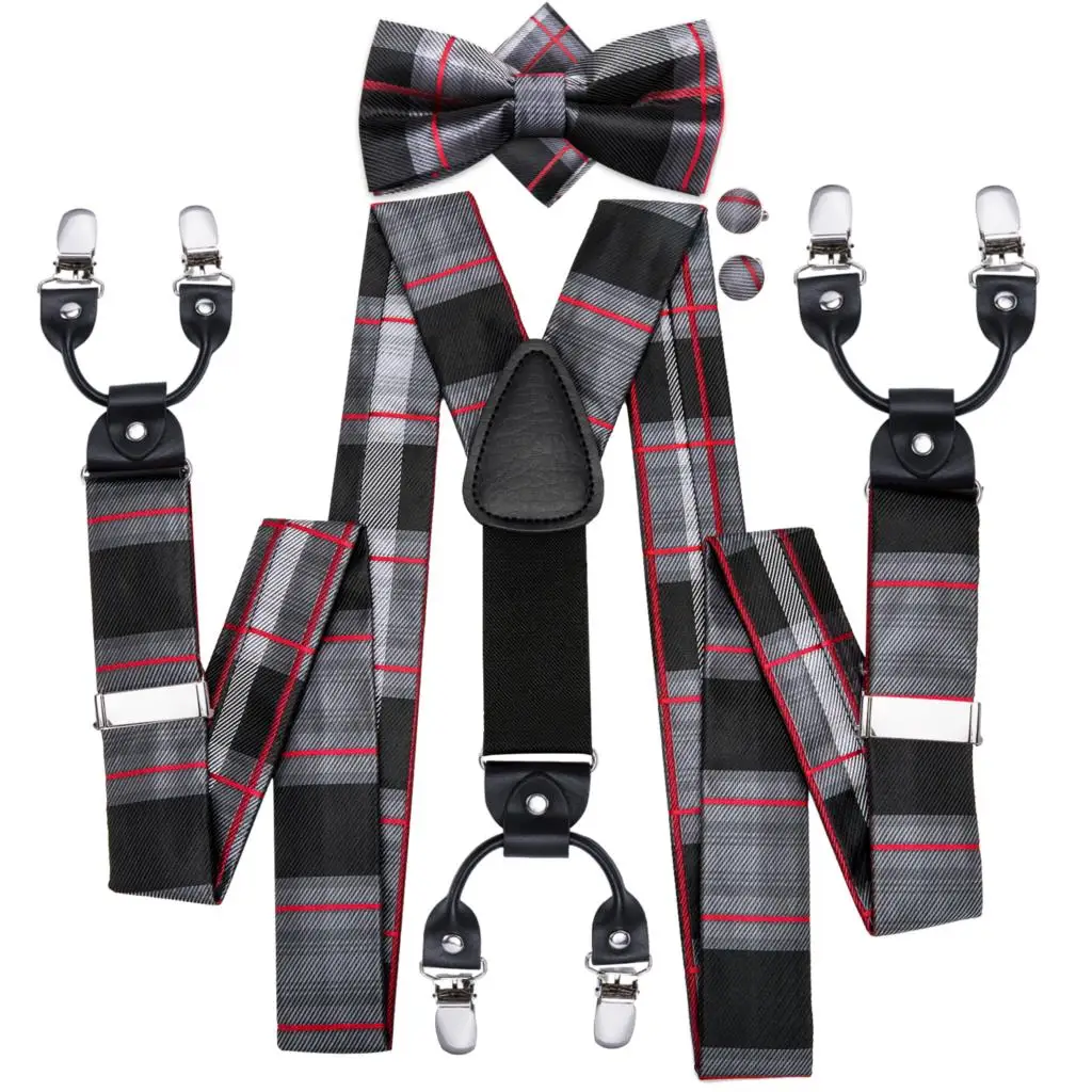 Hi-Tie мужские подтяжки клетчатые модные свадебные различные 6 зажимов вечерние предварительно завязанные бабочка Карманный платок Набор регулируемые подтяжки