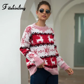 

Fitshinling Winter New Christmas Sweater Snowflake Deers Mohair Long Sleeve Jumper Knitwear New Year Fashion Pullovers Sweaters