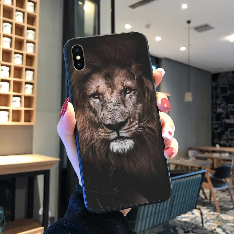 Hewan Lucu Tiger Lion Hitam TPU Lembut Penutup Telepon untuk iPhone 8 7 6 6S Plus X XS MAX 5 5S SE XR 11 11pro Promax Ponsel