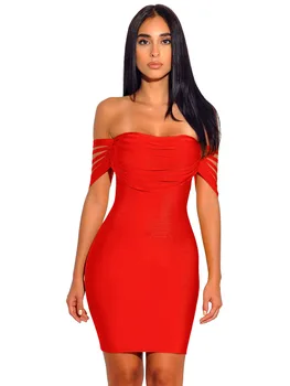 

Hot Sale Summer Fashion Sexy Strapless Draped Red Bandage Dress 2020 Designer Bodycon Evening Party Dress Vestido