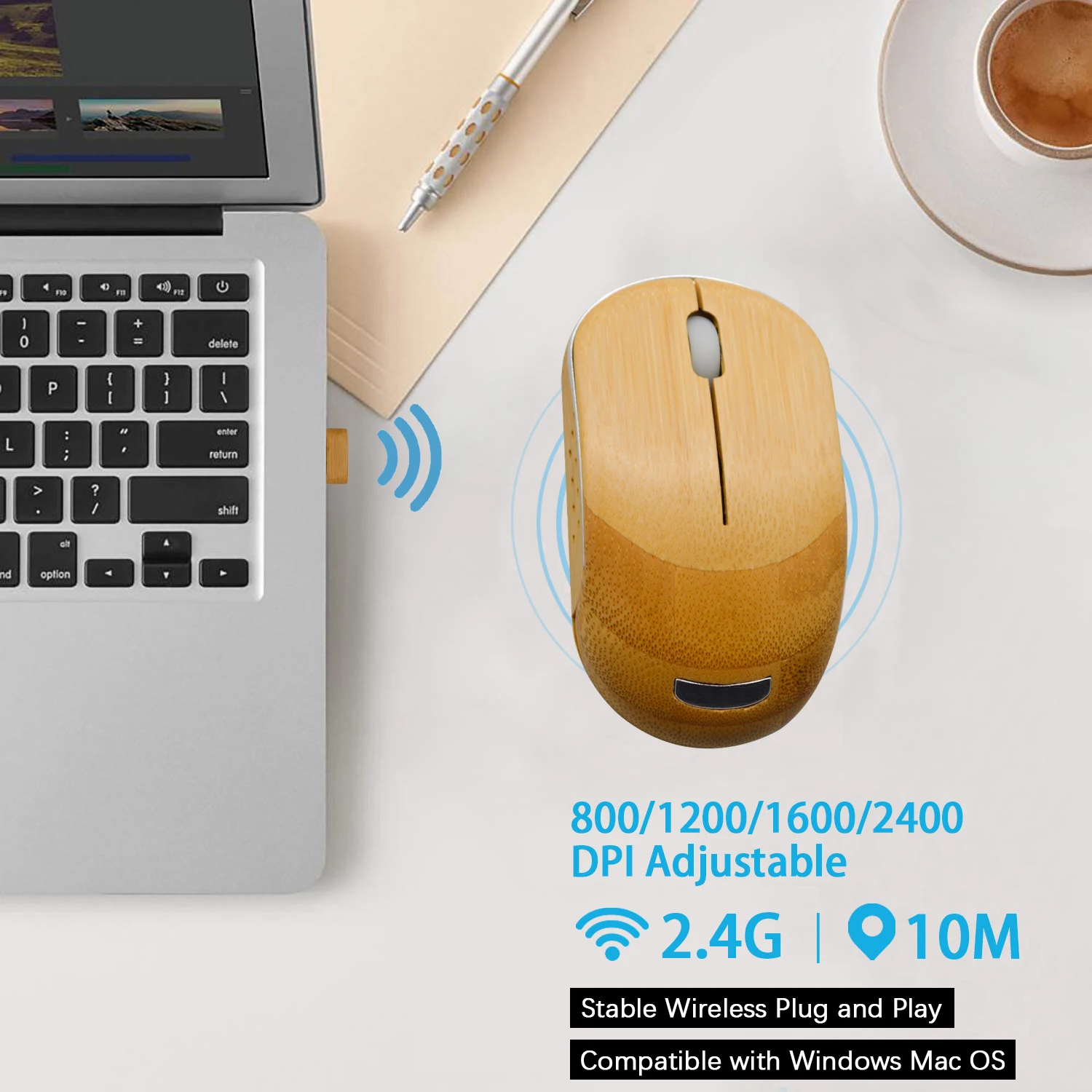 Wooden Wireless Mouse Adjustable 1600DPI Optical Gaming Mouse Wireless Home Office Game Mice for PC Computer Laptop