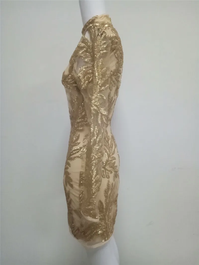 Золотые цветочные с длинным рукавом Круглый вырез Bodycon блёстки женские платья