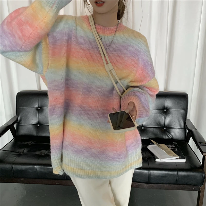

2020 Women'S Sweater Winter Women Thicken Korean Version Of The Large Size Gradient Rainbow Striped Sweater Women Pullover