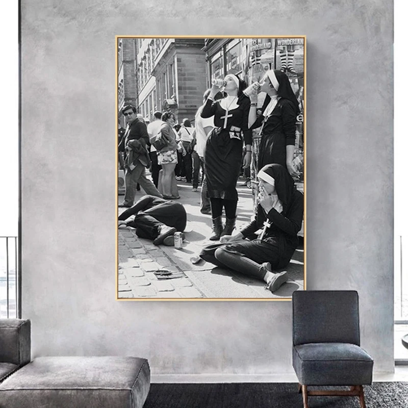 Rebellious Nuns Canvas Painting Black and White Photography Posters Prints Smoking Wall Art Picture for Living Room | Дом и сад