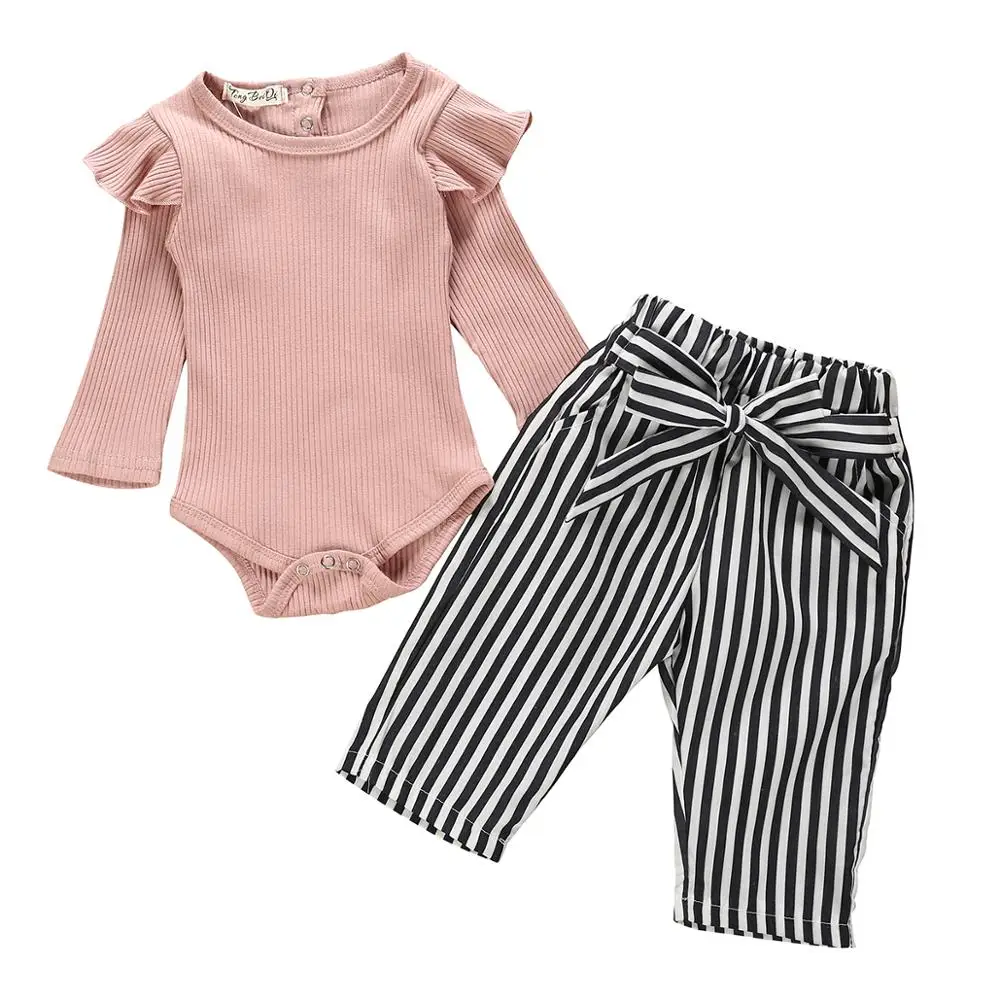 Осенний комплект одежды для маленьких девочек, розовый детский комбинезон, топ+ джинсовые штаны, комплект из 2 предметов, хлопковая одежда с длинными рукавами для новорожденных, одежда для девочек