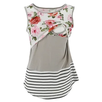 

Pregnant women's printed color matching striped LACE WAISTCOAT cross breast-feeding underwear top T-shirt