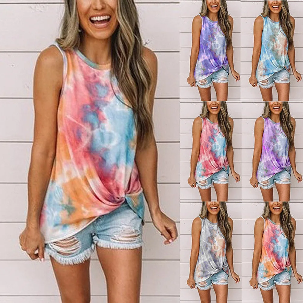 

2022 Summer New European And American Fashion Leisure Women's Shirt Round Neck Tie Dyed Knot Printed Vest Women's T-shirt