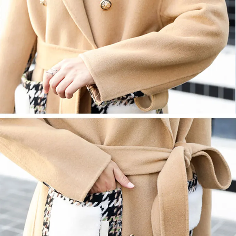 New Women Warm Winter Cashmere Coat Ladies Work Office Elegant Vintage Plaid Long Wool Blends Coats Winter jacket manteau femme