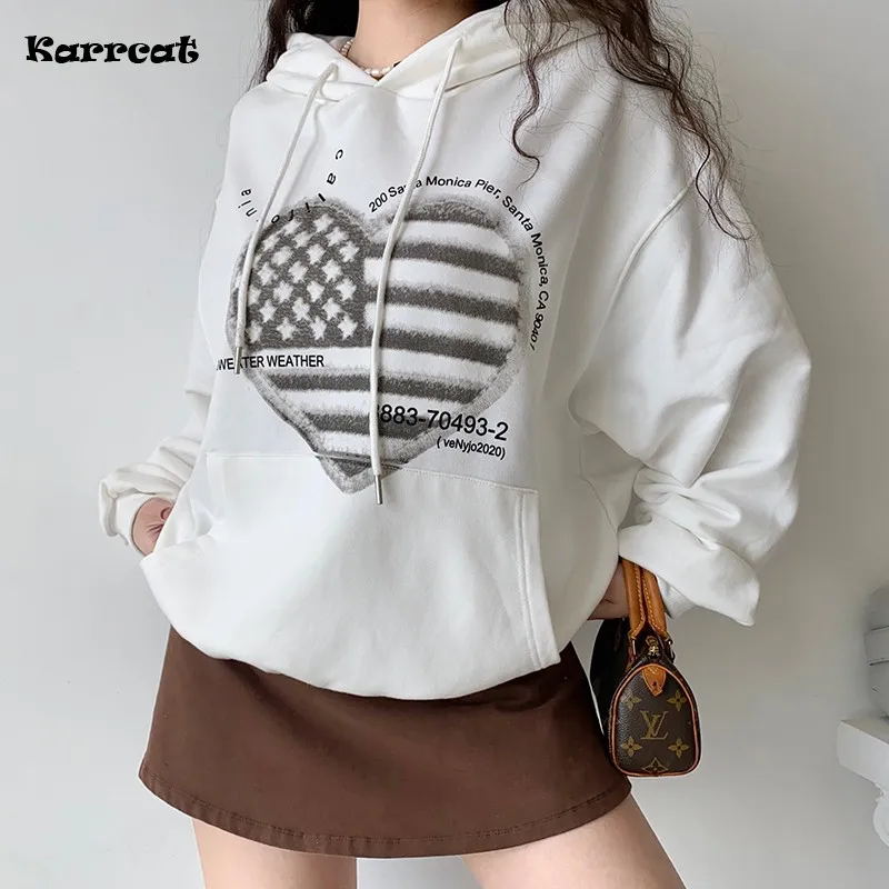

Karrram Vintage USA Flag Print Hoodies Women Loose Oversized White Sweatshirt Punk Aesthetic Hoodie Streetwear Harajuku Clothes