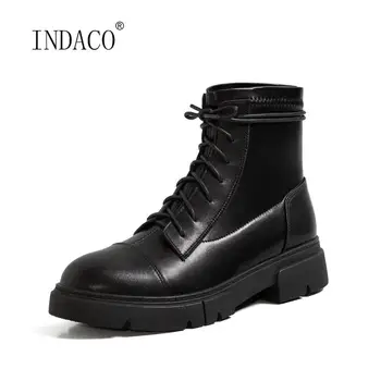 

Winter Shoes Women Round Toe Genuine Leather Ankle Boots Platform Booties Lace Up Martin Boots